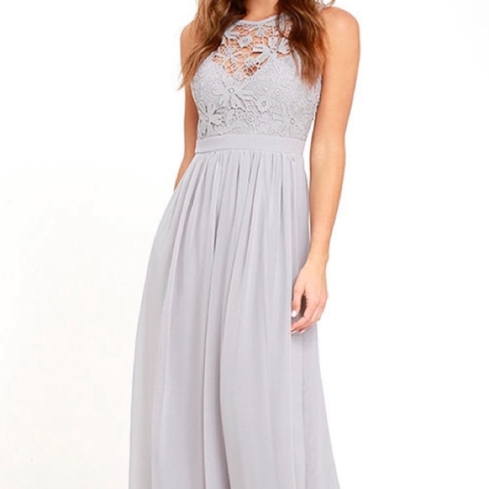Lulus So Far Gown Lace Grey Maxi Dress